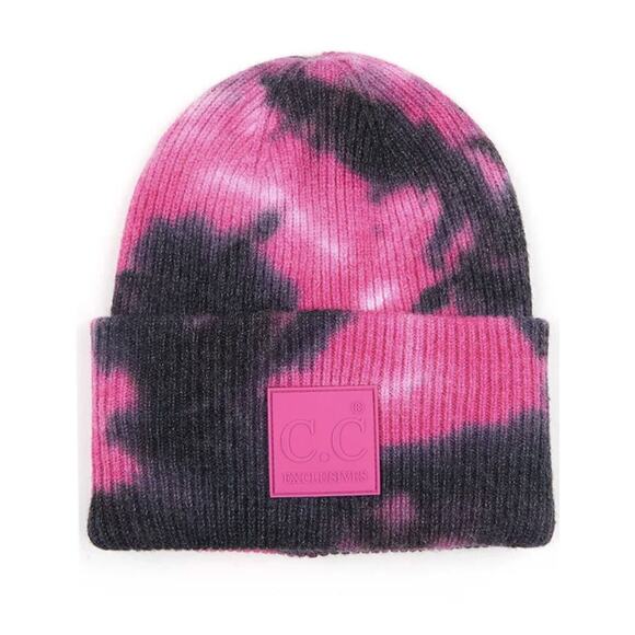 C.C Exclusive Adult Pink Tie Dye Beanie Cuffed Skull Cap Rubber Patch Heavy Knit - Picture 3 of 10